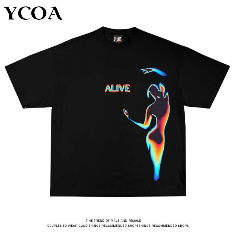 Men Tshirt Oversize Hip Hop Streetwear Graphic Short Sleeve Cotton Loose Y2K Tops Tees Black Korean Fashion Aesthetic Clothing